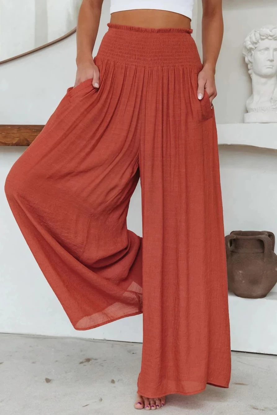 "SheWin Women's Red High Waisted Beach Pants with Smocked Pockets - Summer Casual Boho Style"