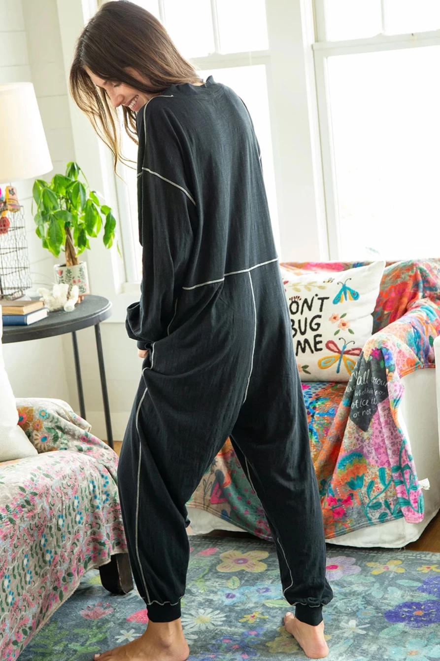 Shewin Women's Black Oversized Drop Waist Jumpsuit with Exposed Seam Detail