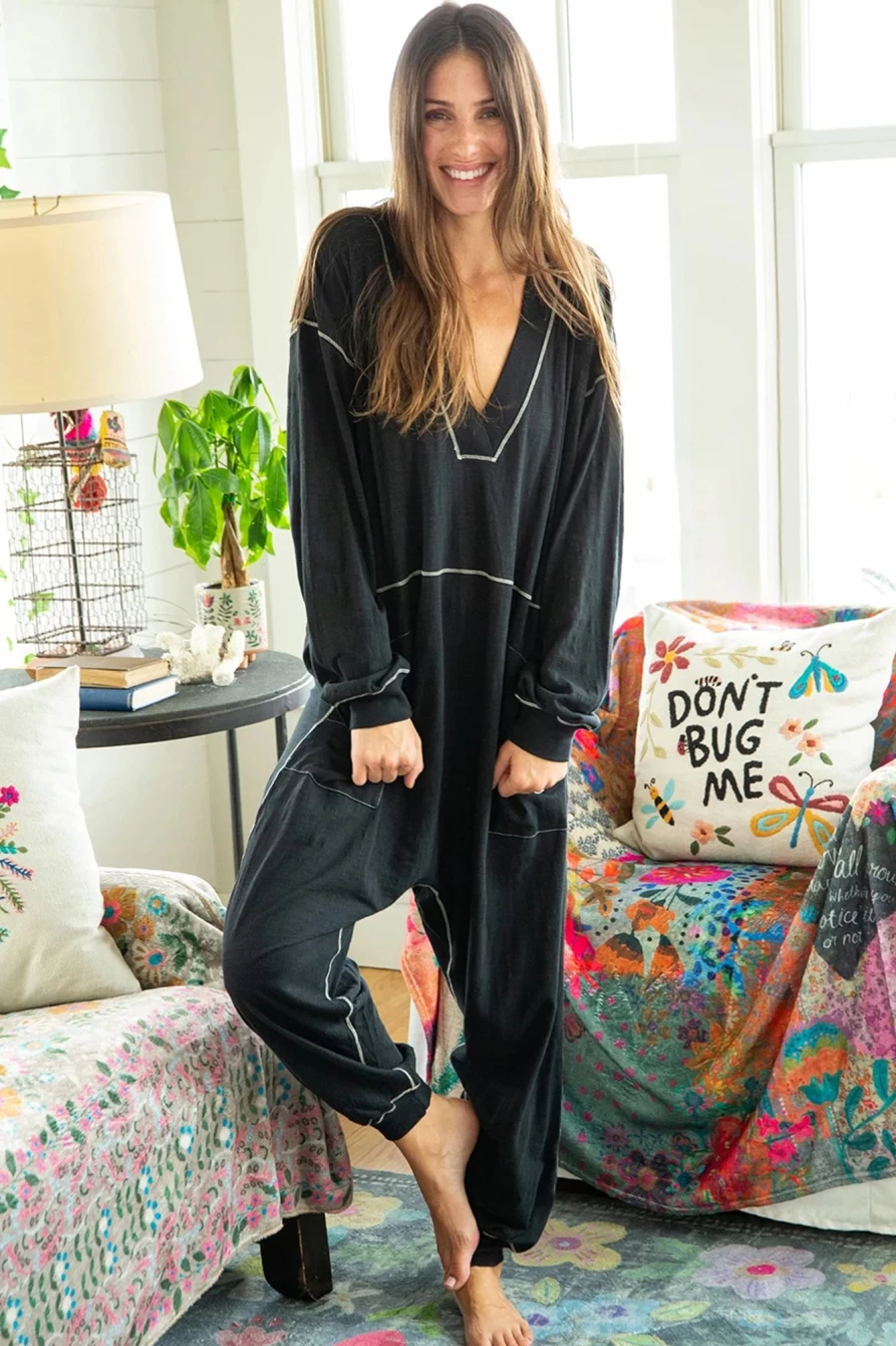 Shewin Women's Black Oversized Drop Waist Jumpsuit with Exposed Seam Detail