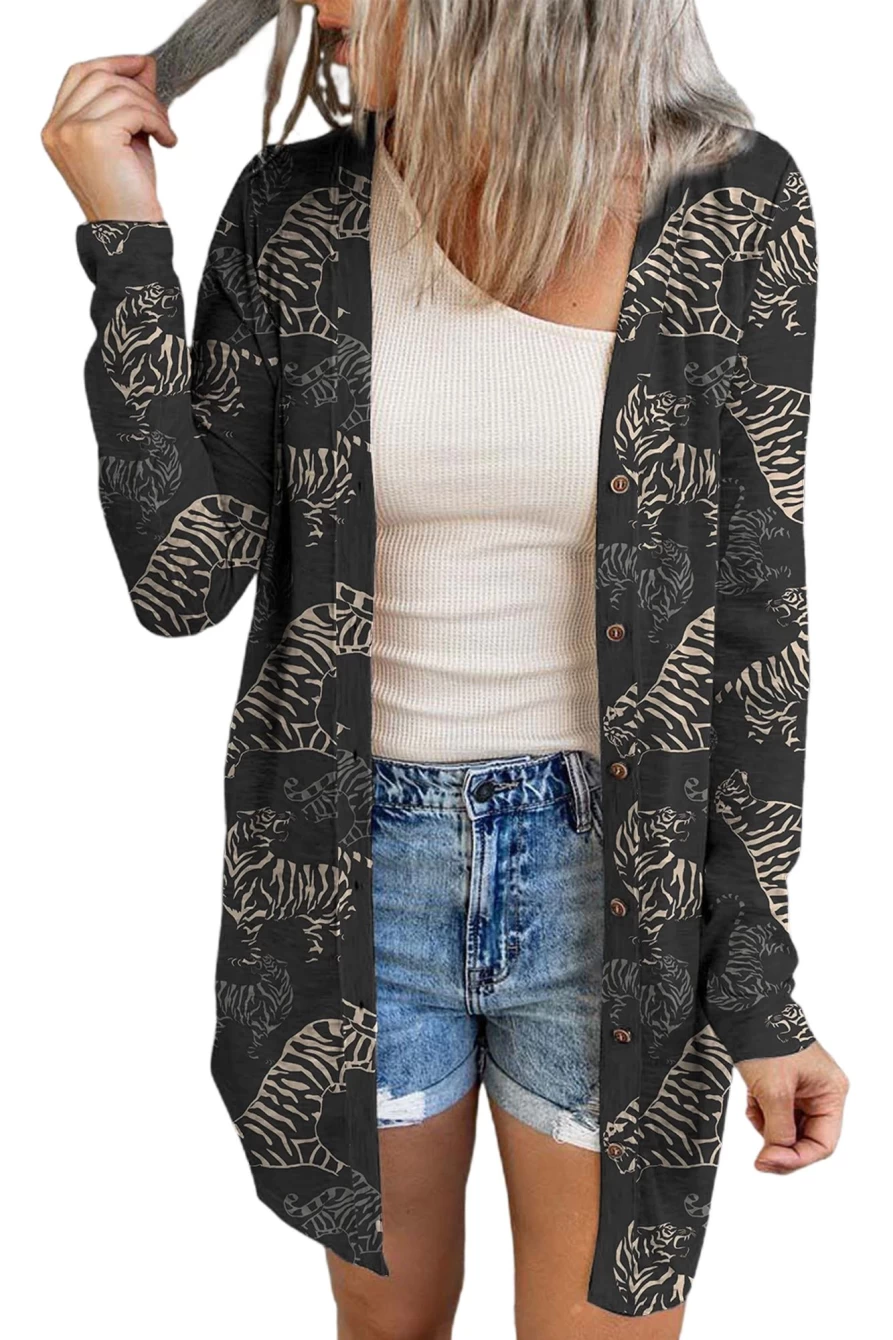 Women's Black Wild Tiger Print Button Front Cardigan - Shewin