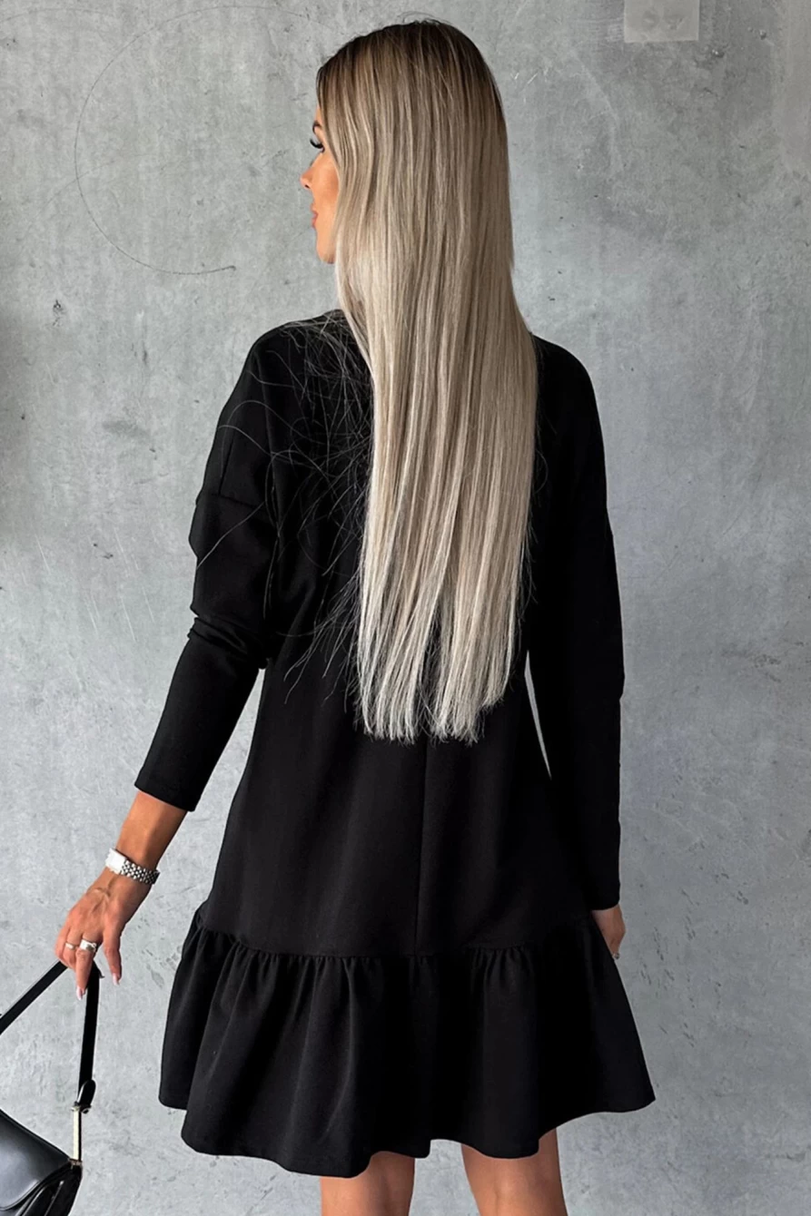 Shewin Women's Black Split Neck Long Sleeve Ruffled Loose Dress