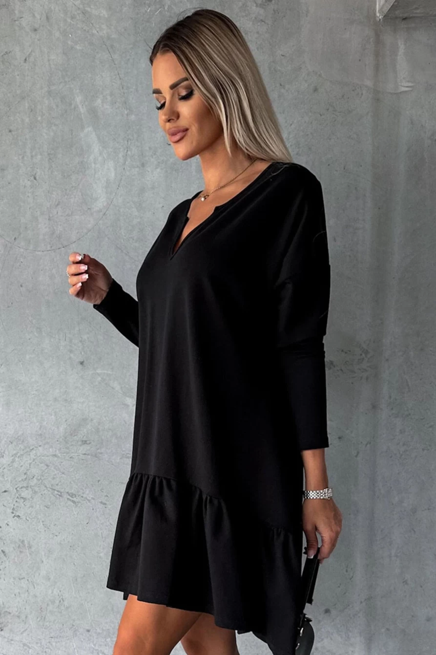 Shewin Women's Black Split Neck Long Sleeve Ruffled Loose Dress