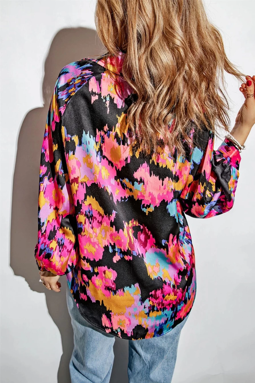 Shewin Women's Black Graffiti Print V-Neck Puff Sleeve Casual Blouse