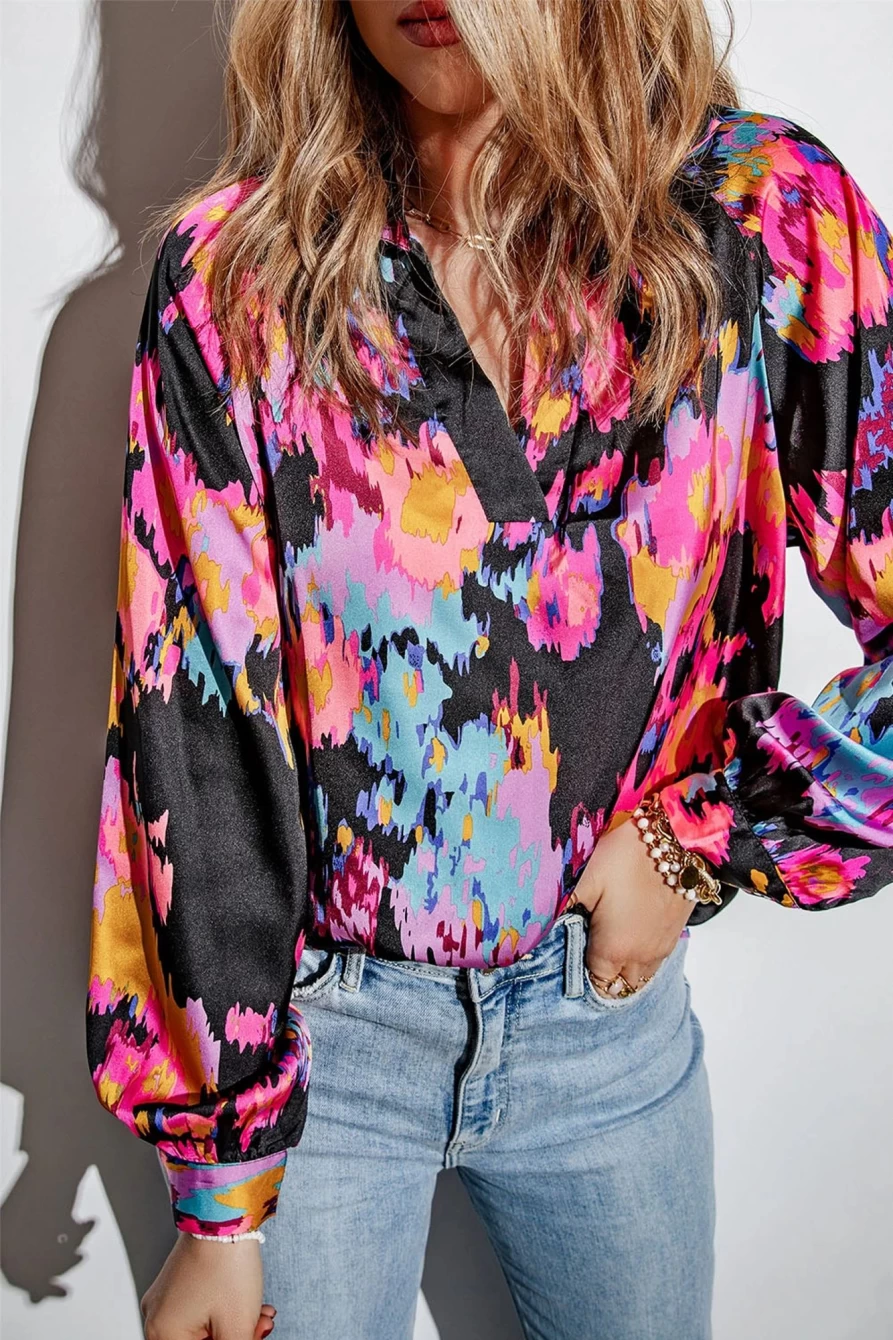 Shewin Women's Black Graffiti Print V-Neck Puff Sleeve Casual Blouse