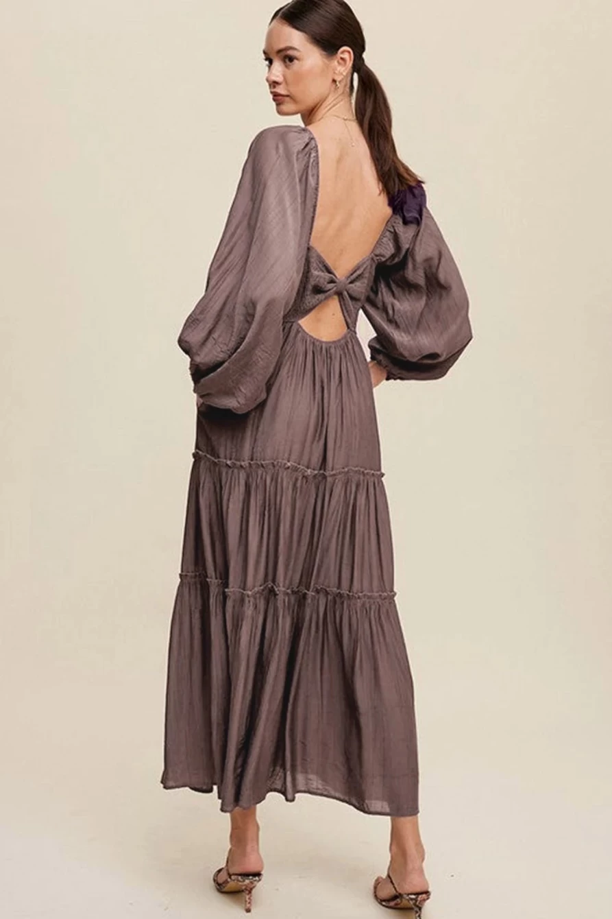 Shewin Women's Brown V-Neck Tiered Maxi Dress with Bowknot & Cutout Frill Details