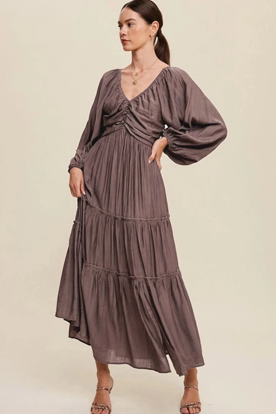 Shewin Women's Brown V-Neck Tiered Maxi Dress with Bowknot & Cutout Frill Details