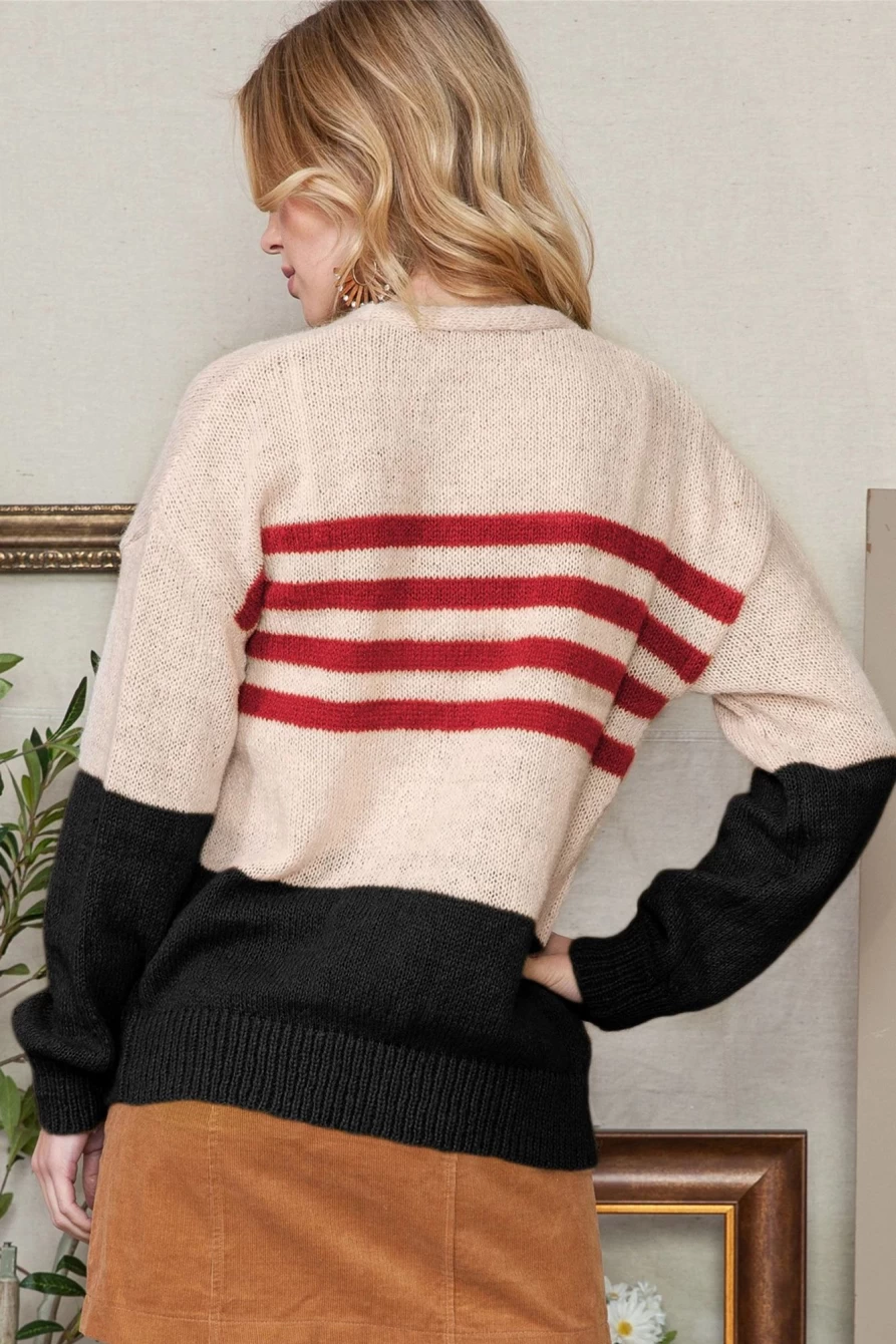 Shewin Women's Black Colorblock Striped Open Front Cardigan Sweater