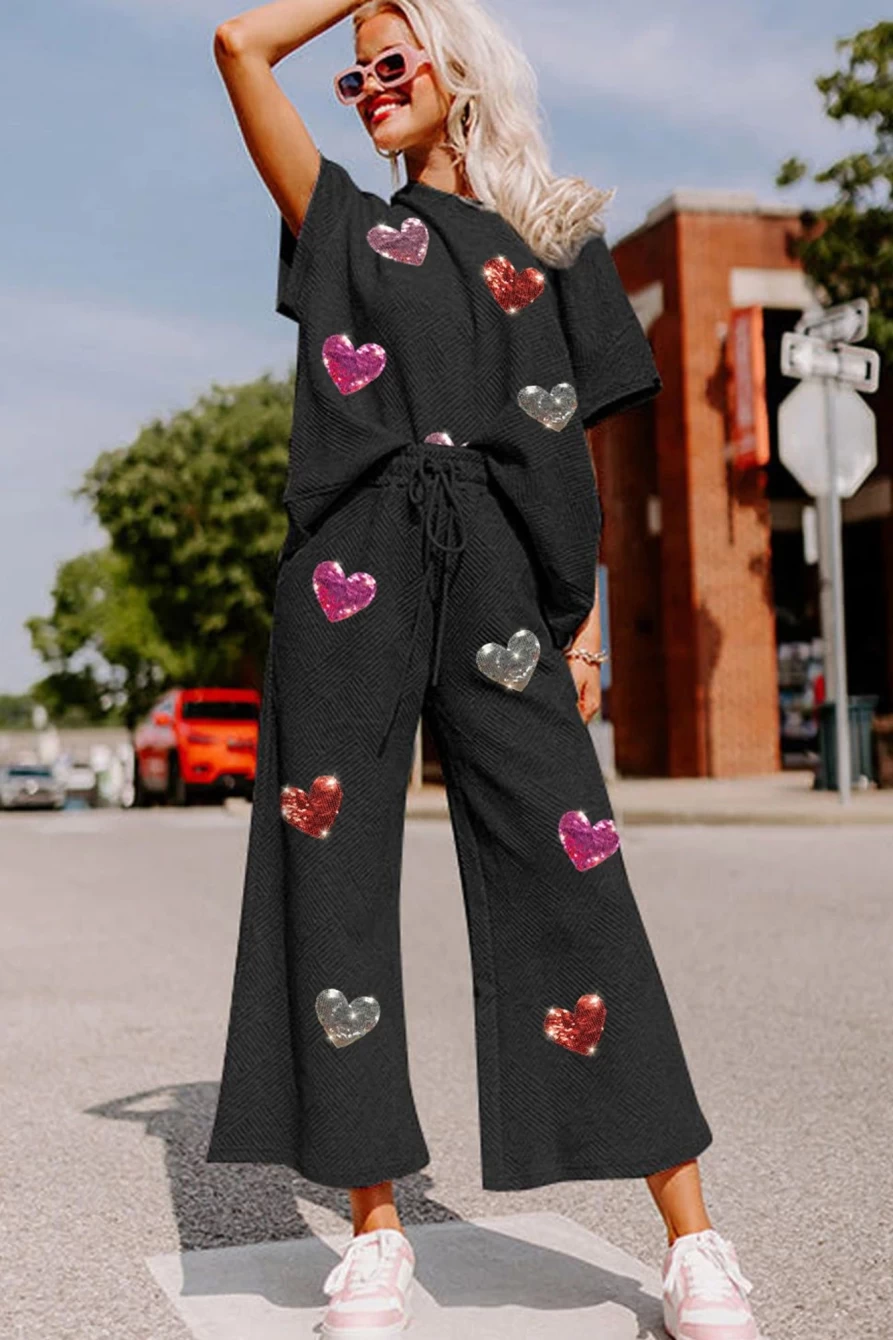 Shewin Women's Black Heart Print Short Sleeve Top & Drawstring Pants Set