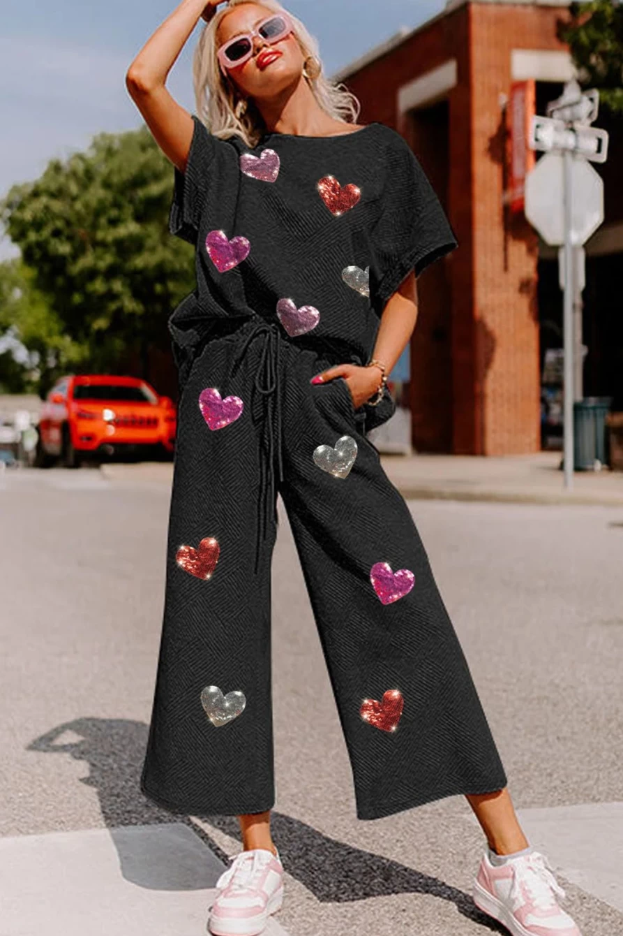 Shewin Women's Black Heart Print Short Sleeve Top & Drawstring Pants Set