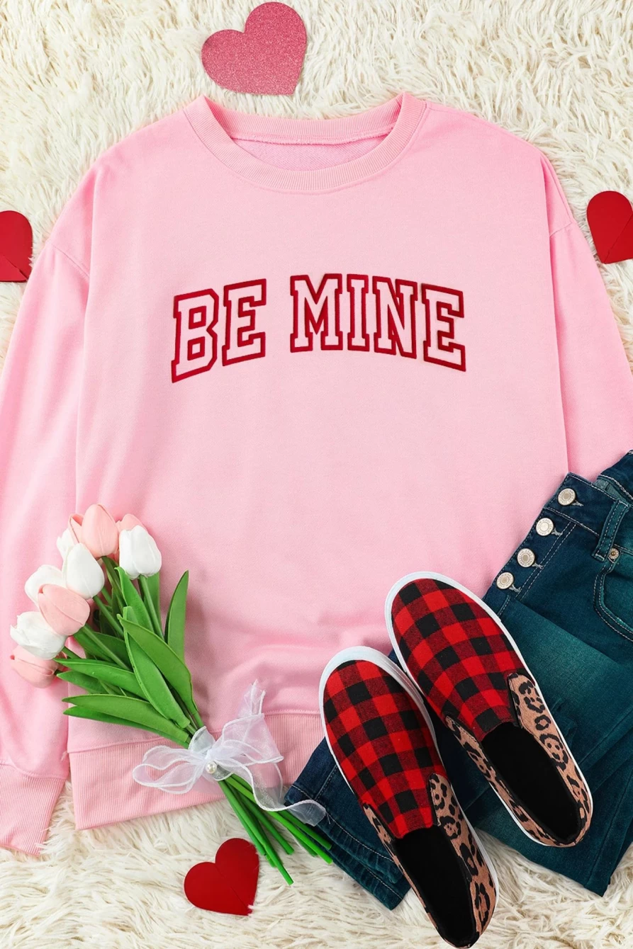 Shewin Women's Pink Be Mine Graphic Pullover Sweatshirt