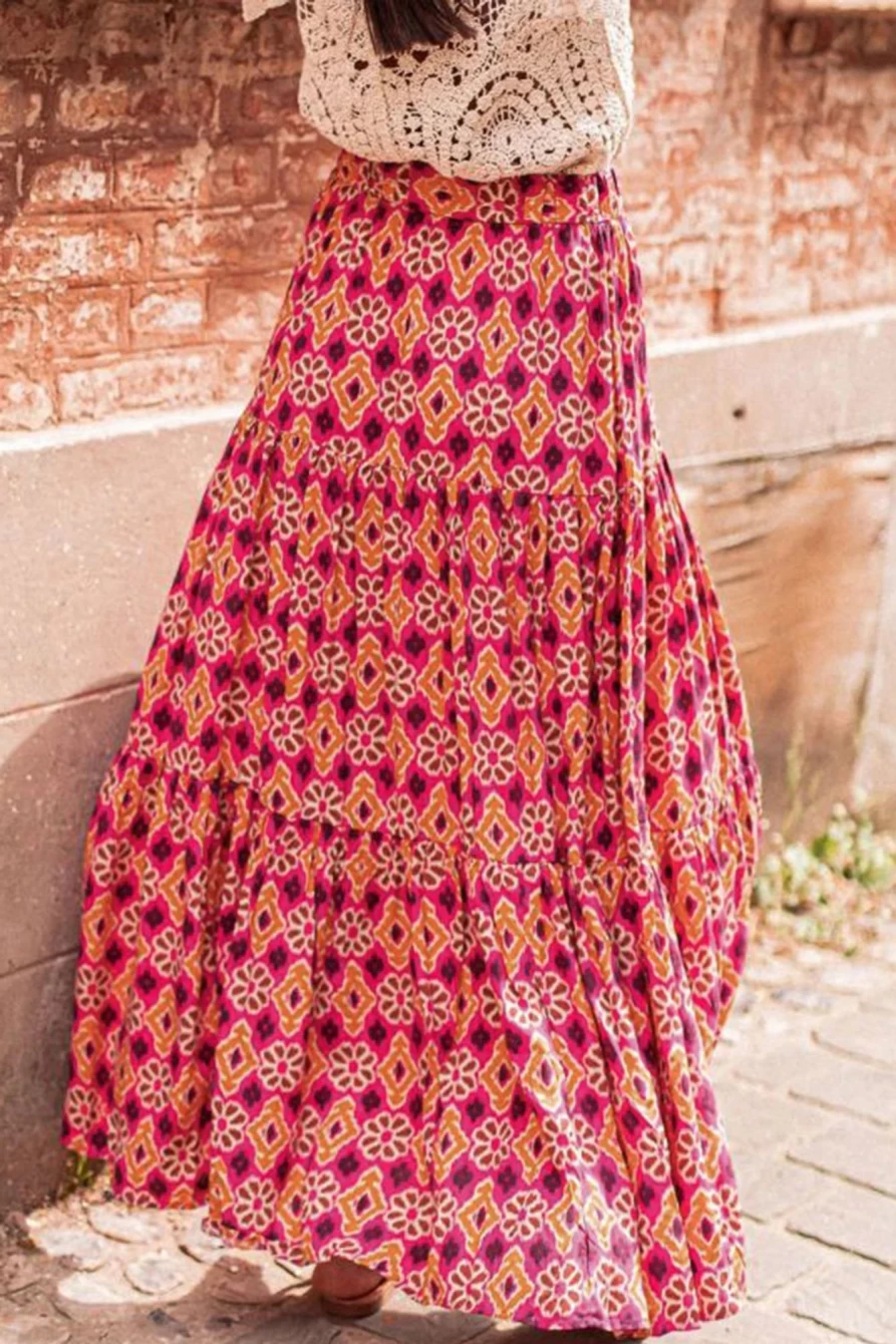 Shewin Women's Rose Vintage Boho Floral Print Tiered Maxi Skirt - Bohemian Long Skirt for Women