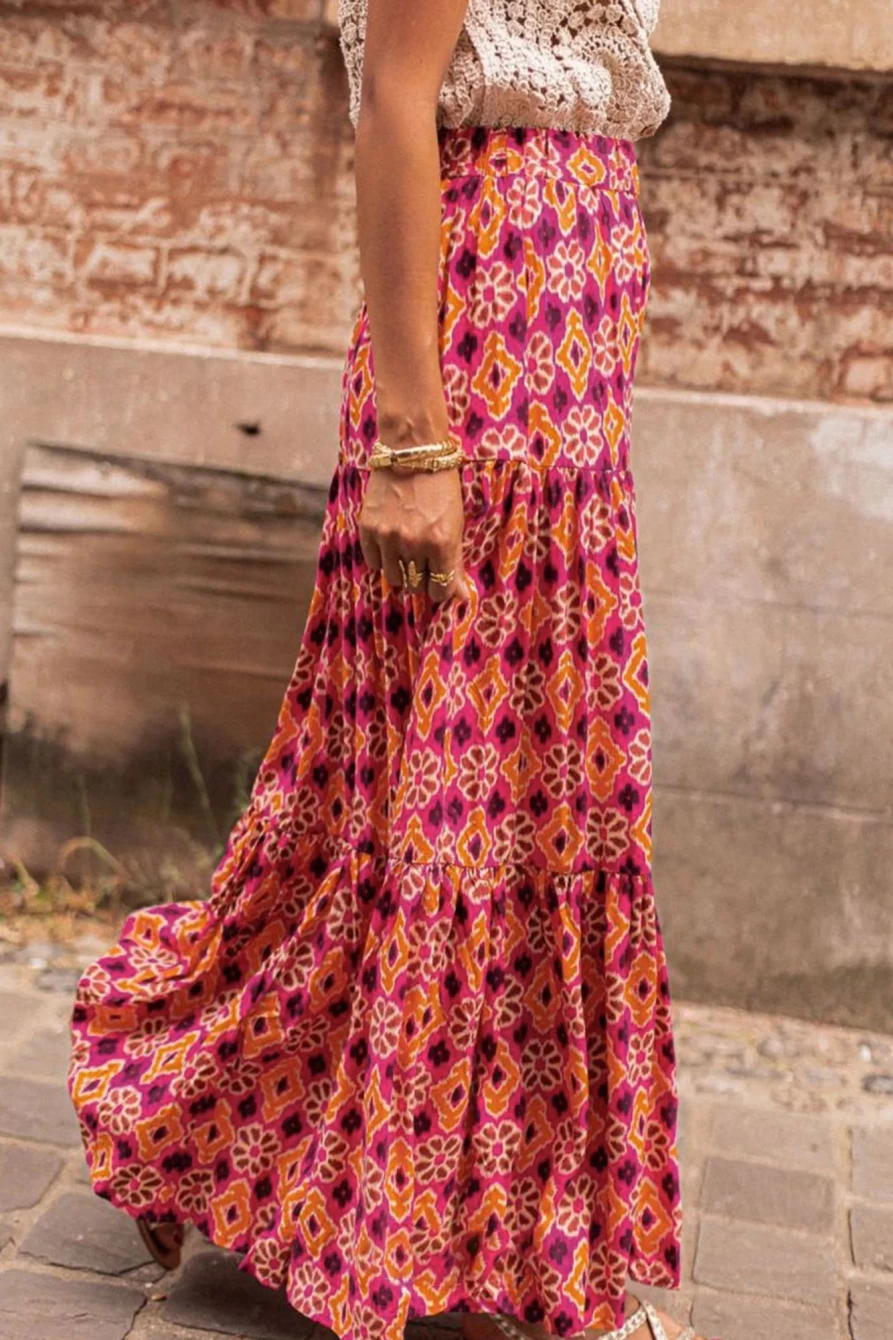 Shewin Women's Rose Vintage Boho Floral Print Tiered Maxi Skirt - Bohemian Long Skirt for Women