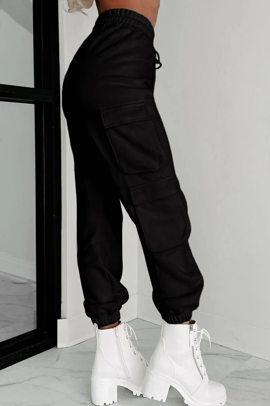 Women's Black Drawstring Jogger Pants With Cargo Pockets - Shewin