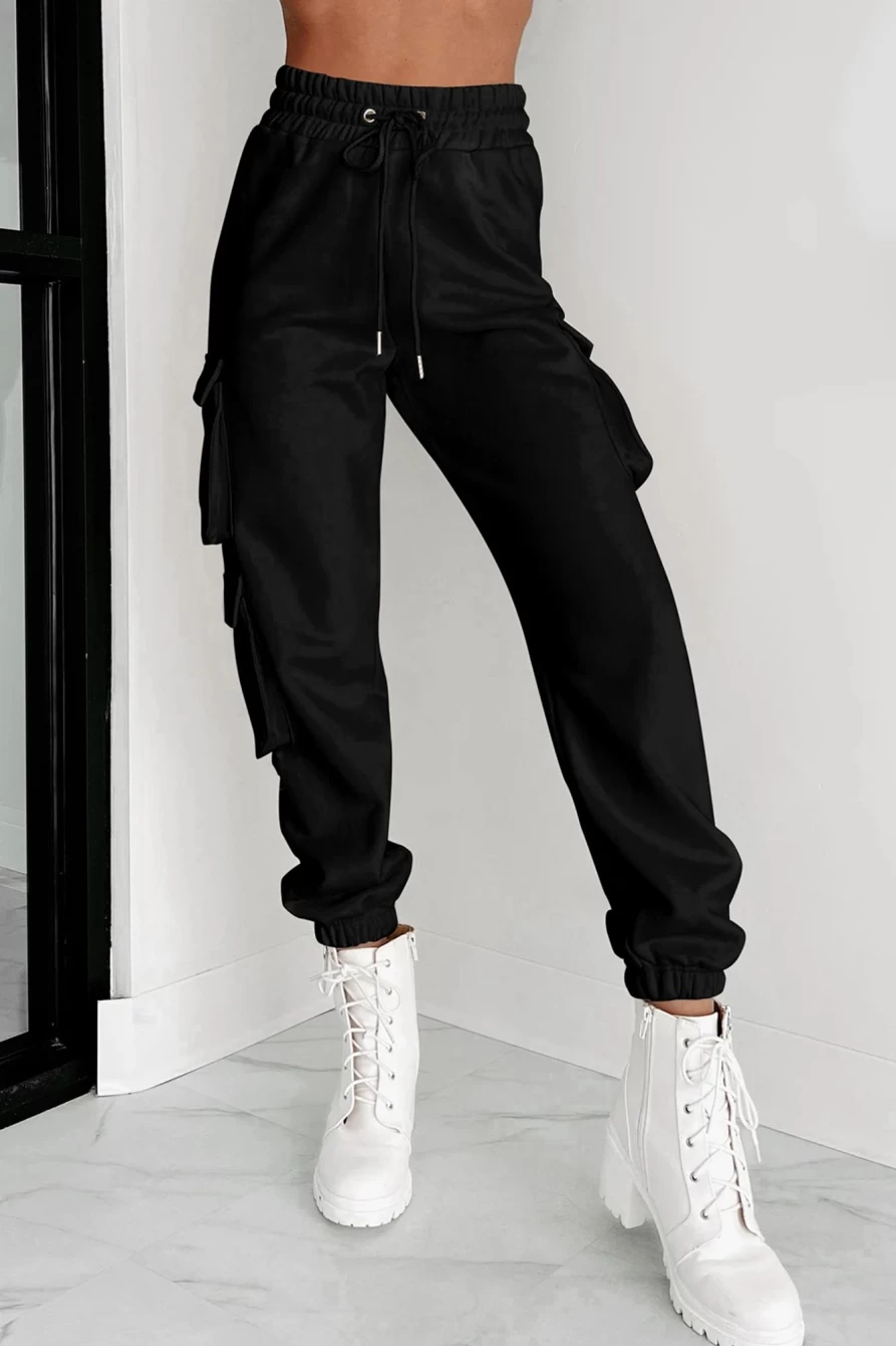 Women's Black Drawstring Jogger Pants With Cargo Pockets - Shewin