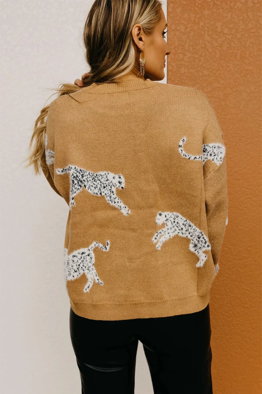 Shewin Women's Camel Color Animal Print Knit Sweater - Drop Shoulder Cozy Pullover