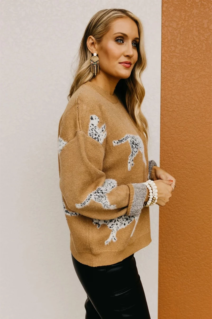 Shewin Women's Camel Color Animal Print Knit Sweater - Drop Shoulder Cozy Pullover