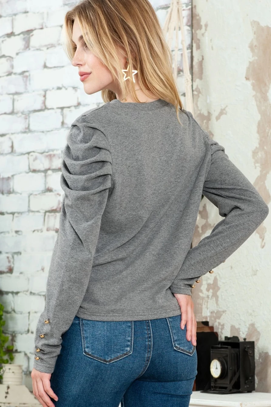 Shewin Women's Gray Basic Buttoned Puff Long Sleeve Sheath Top