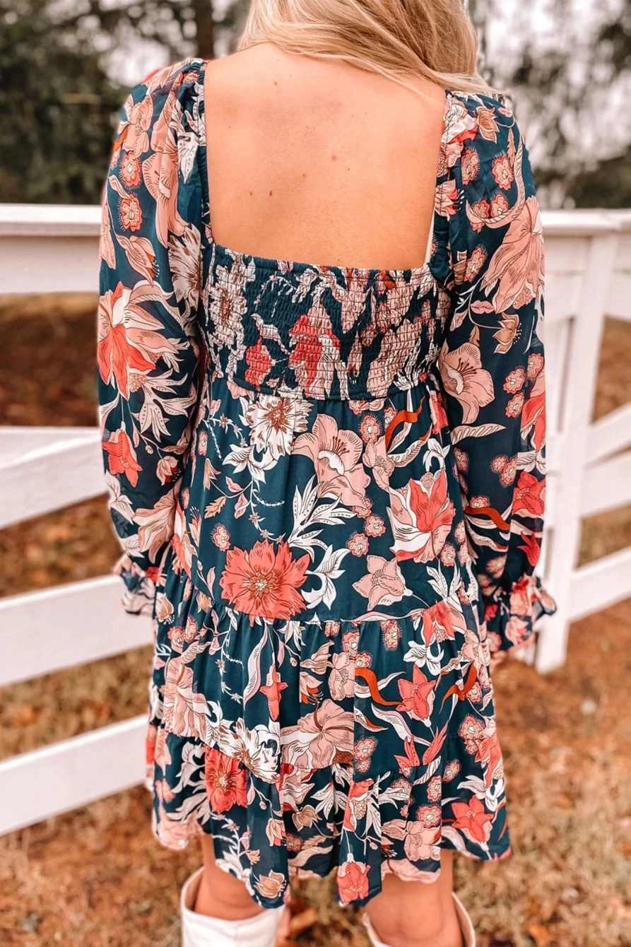 Shewin Women's Blue Floral Smocked Tiered Ruffle Dress with Puff Sleeves