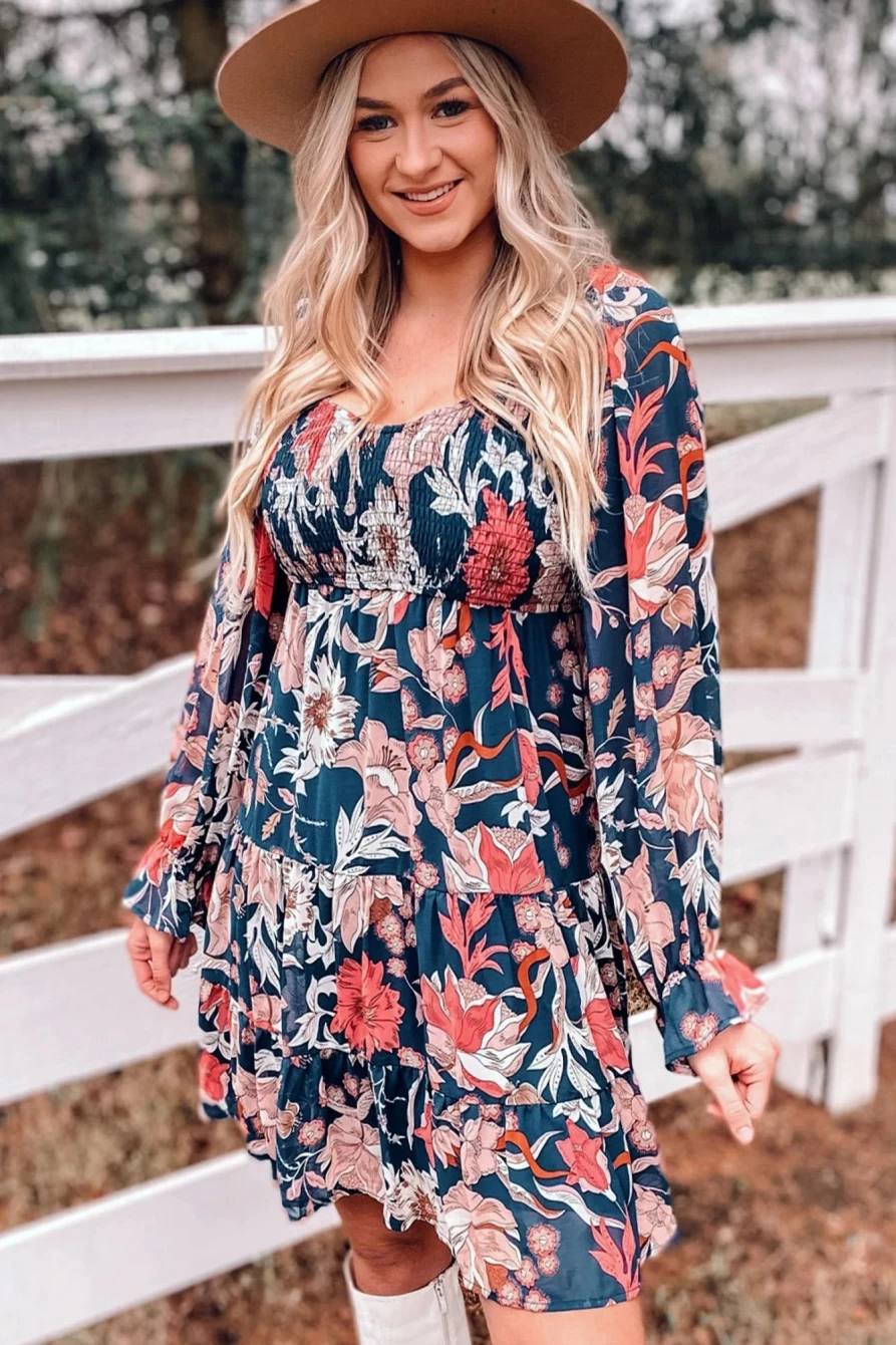 Shewin Women's Blue Floral Smocked Tiered Ruffle Dress with Puff Sleeves
