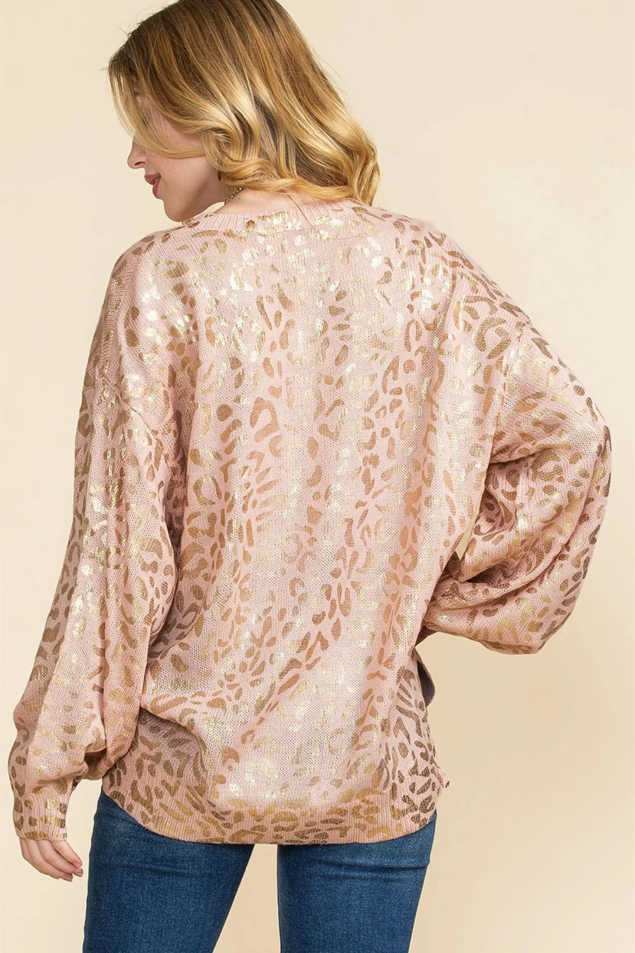 Shewin Women's Apricot Leopard Print Long Sleeve Drop Shoulder Sweater Pullover