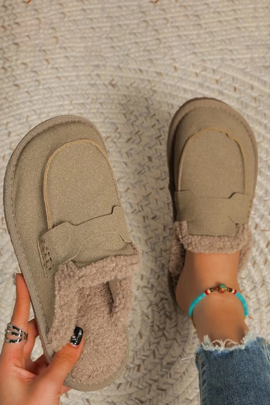 Shewin Women's Pale Khaki Sherpa-Lined Winter Slides | Cozy Fuzzy House Slippers