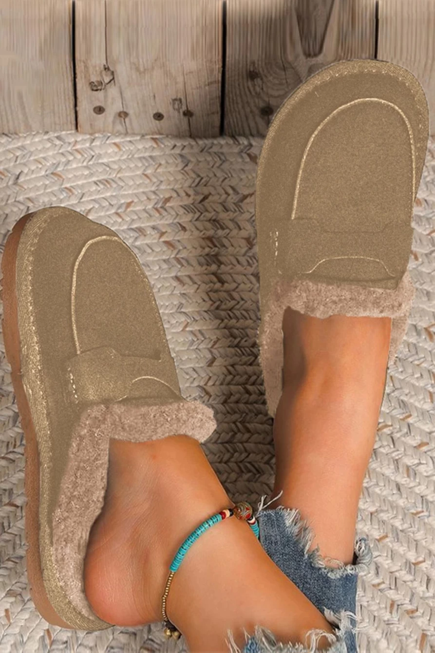 Shewin Women's Pale Khaki Sherpa-Lined Winter Slides | Cozy Fuzzy House Slippers