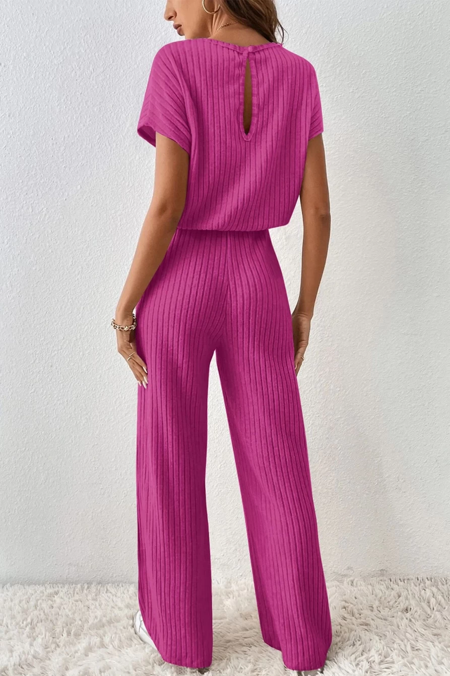 Shewin Women's Rose Red Ribbed Wide Leg Jumpsuit - Solid Color Short Sleeve Romper