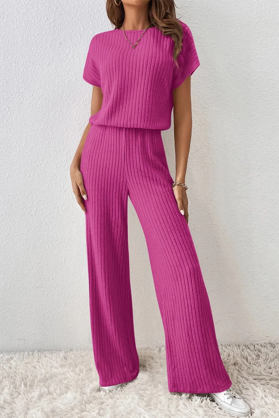 Shewin Women's Rose Red Ribbed Wide Leg Jumpsuit - Solid Color Short Sleeve Romper