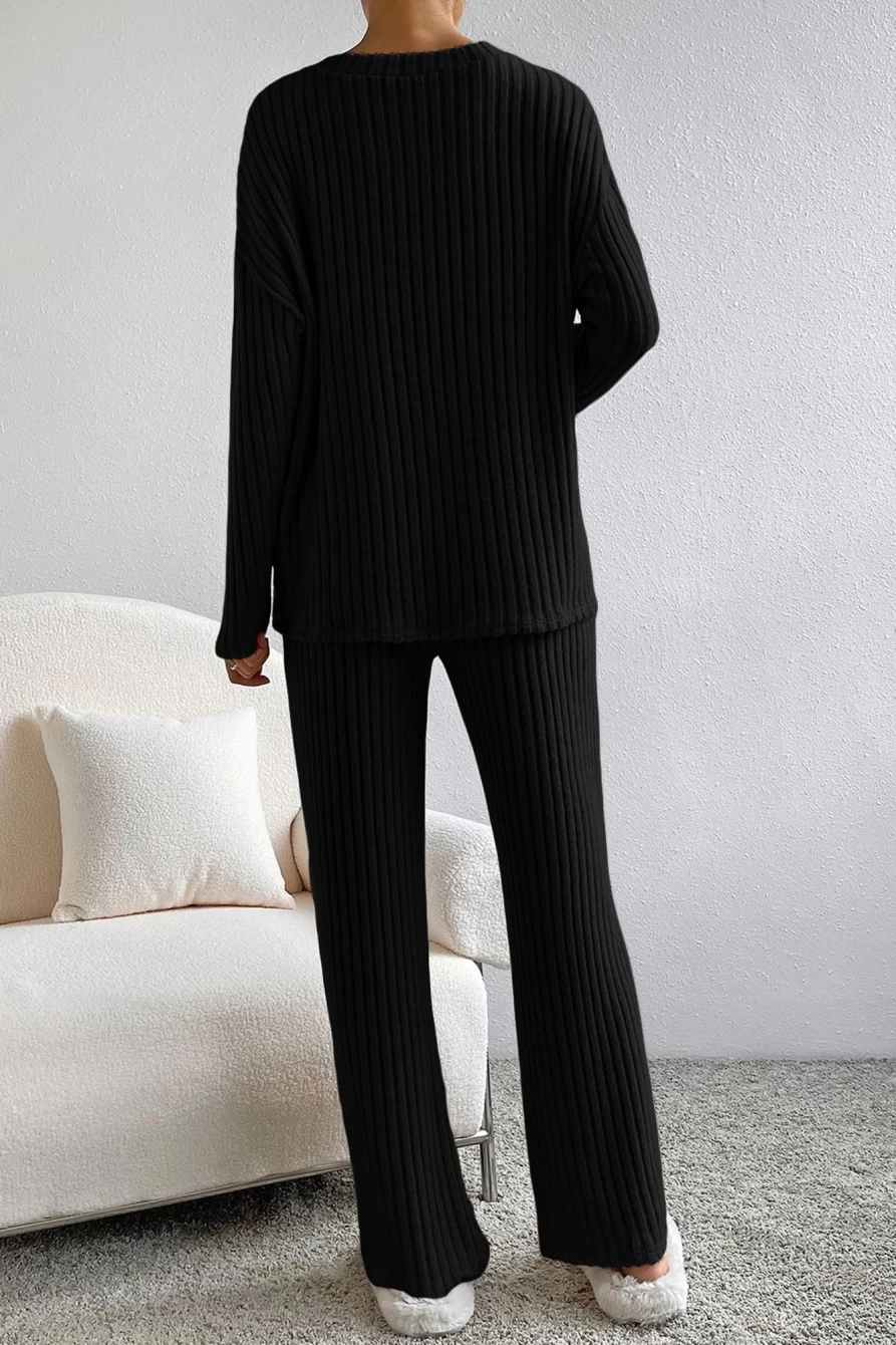 Shewin Women's Plus Size Black Ribbed V-Neck Pullover and Pants Set - Stretchy Comfort Outfit
