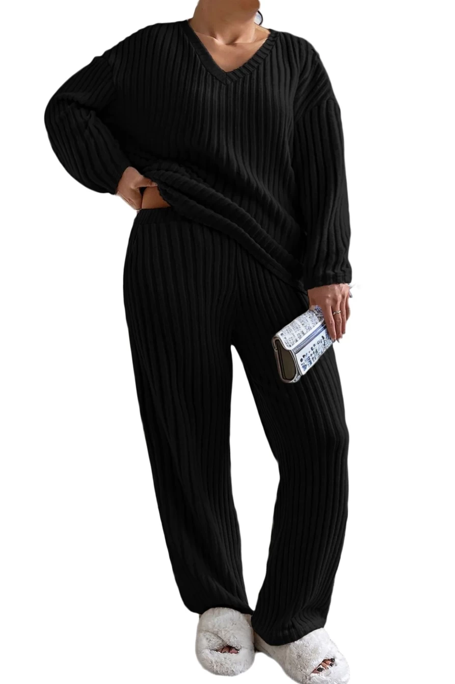 Shewin Women's Plus Size Black Ribbed V-Neck Pullover and Pants Set - Stretchy Comfort Outfit
