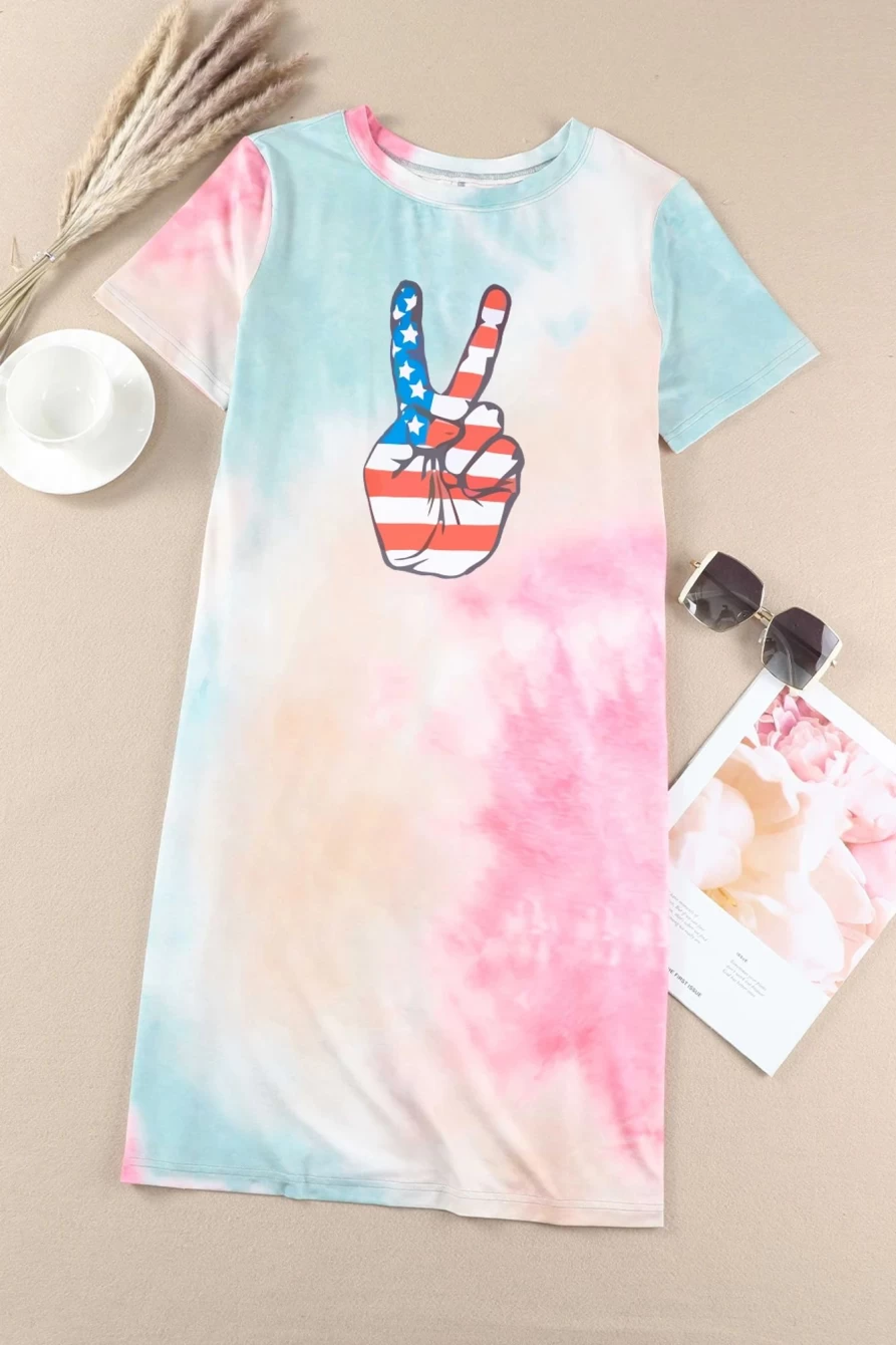 Shewin Women's Tie-Dye T-Shirt Dress with American Flag Print - Multicolor Casual Summer Dress