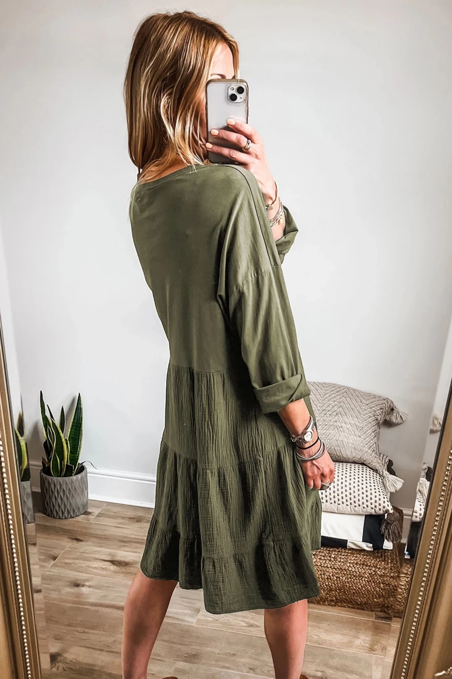 Shewin Women's Moss Crinkled Long Sleeve Tiered Midi Dress with Splicing Detail