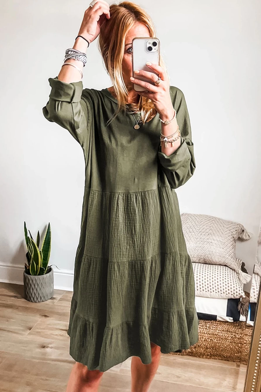 Shewin Women's Moss Crinkled Long Sleeve Tiered Midi Dress with Splicing Detail