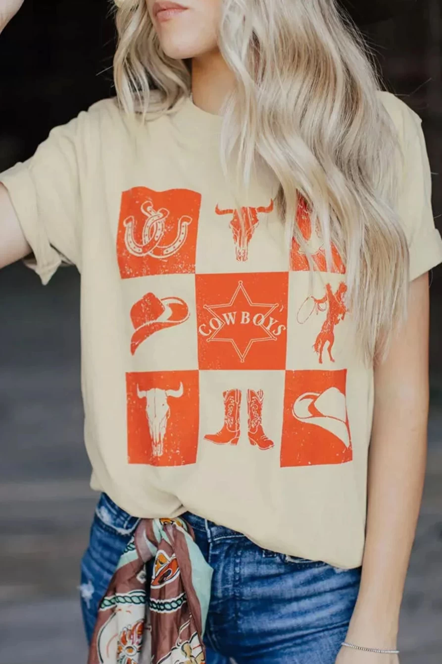 Women's Khaki Casual Animal Print Graphic Tee - Shewin Round Neck T-Shirt