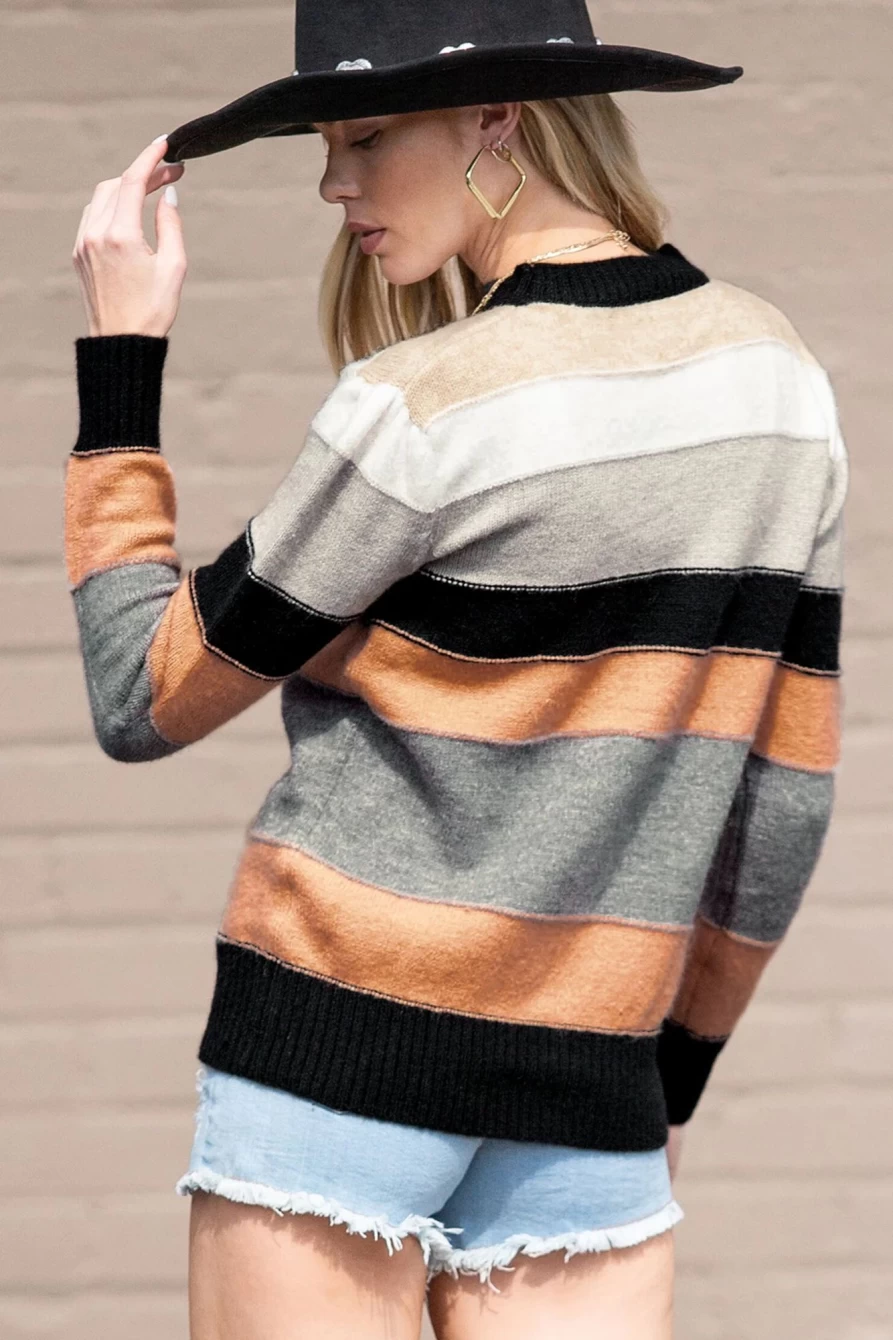 Shewin Women's Gray Striped Color Block Casual Sweater - Trendy Comfort Knit Top
