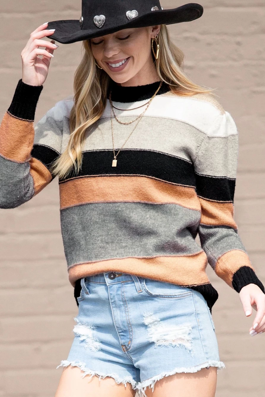 Shewin Women's Gray Striped Color Block Casual Sweater - Trendy Comfort Knit Top
