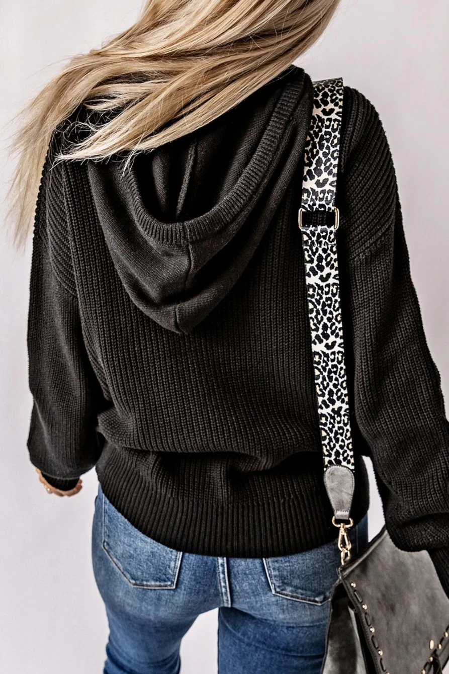 Women's Black V-Neck Casual Henley Hooded Sweater with Drawstring - Shewin