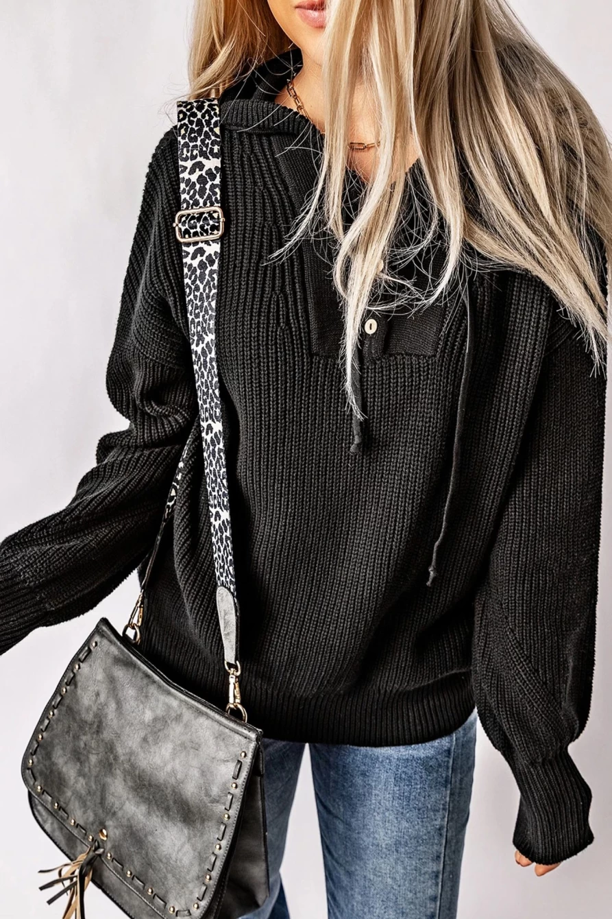 Women's Black V-Neck Casual Henley Hooded Sweater with Drawstring - Shewin