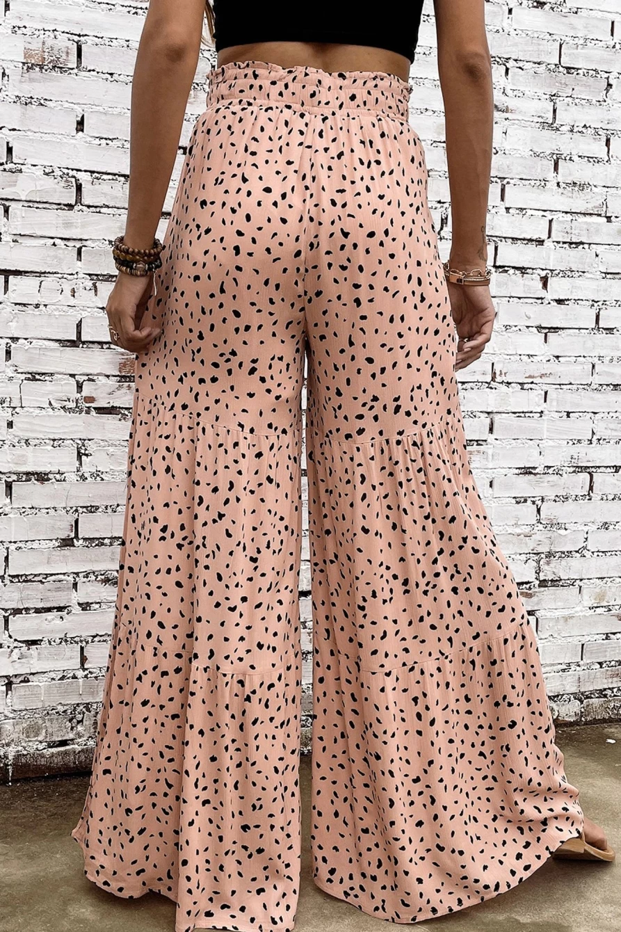 Shewin Women's Brown Ruffle Wide Leg Animal Print Palazzo Pants