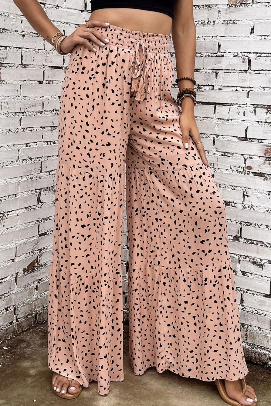 Shewin Women's Brown Ruffle Wide Leg Animal Print Palazzo Pants