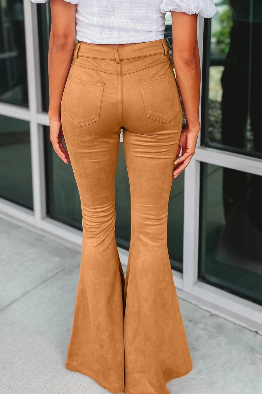 Shewin Women's Brown Flare Suede Pants with Exposed Seam & Pockets