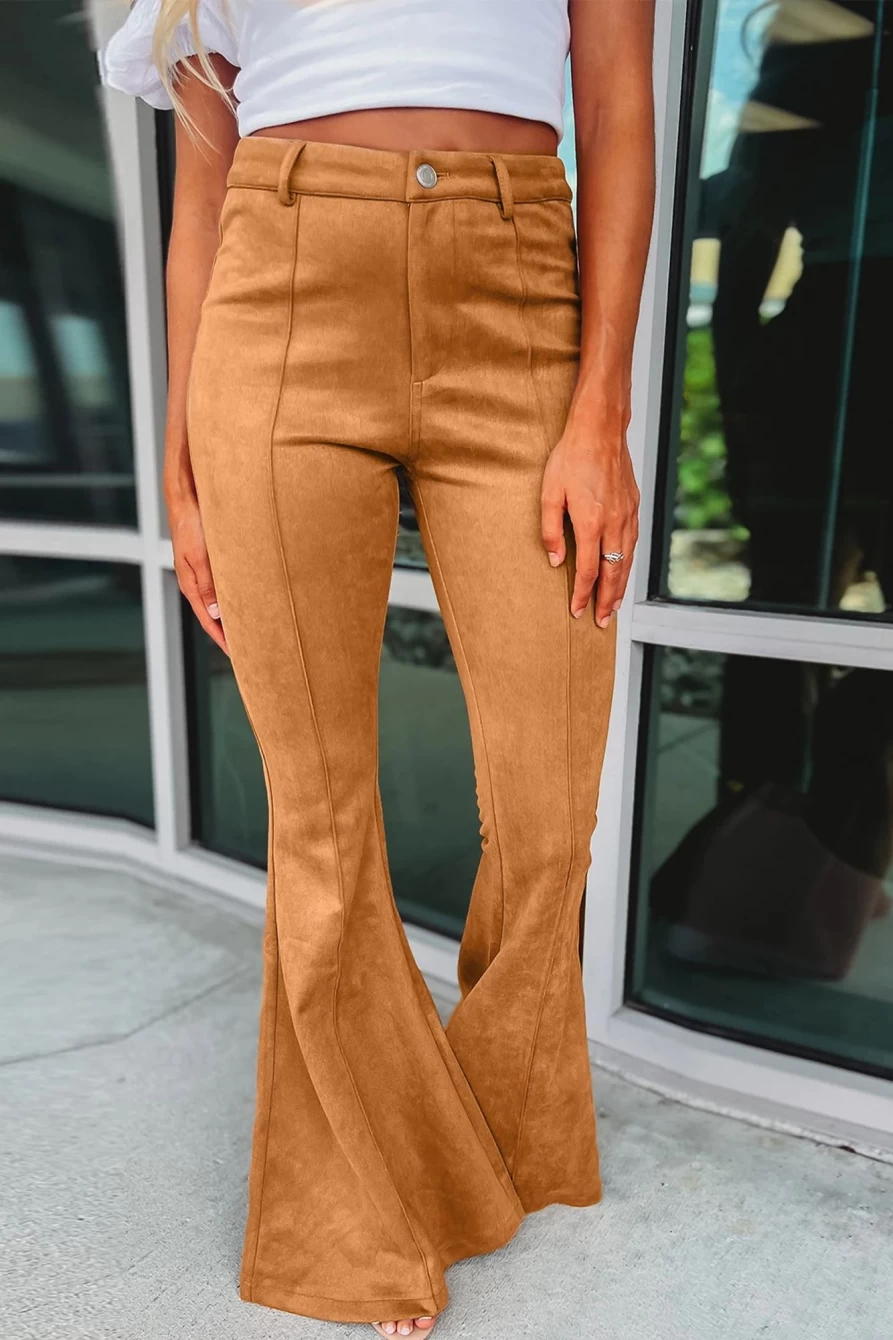 Shewin Women's Brown Flare Suede Pants with Exposed Seam & Pockets