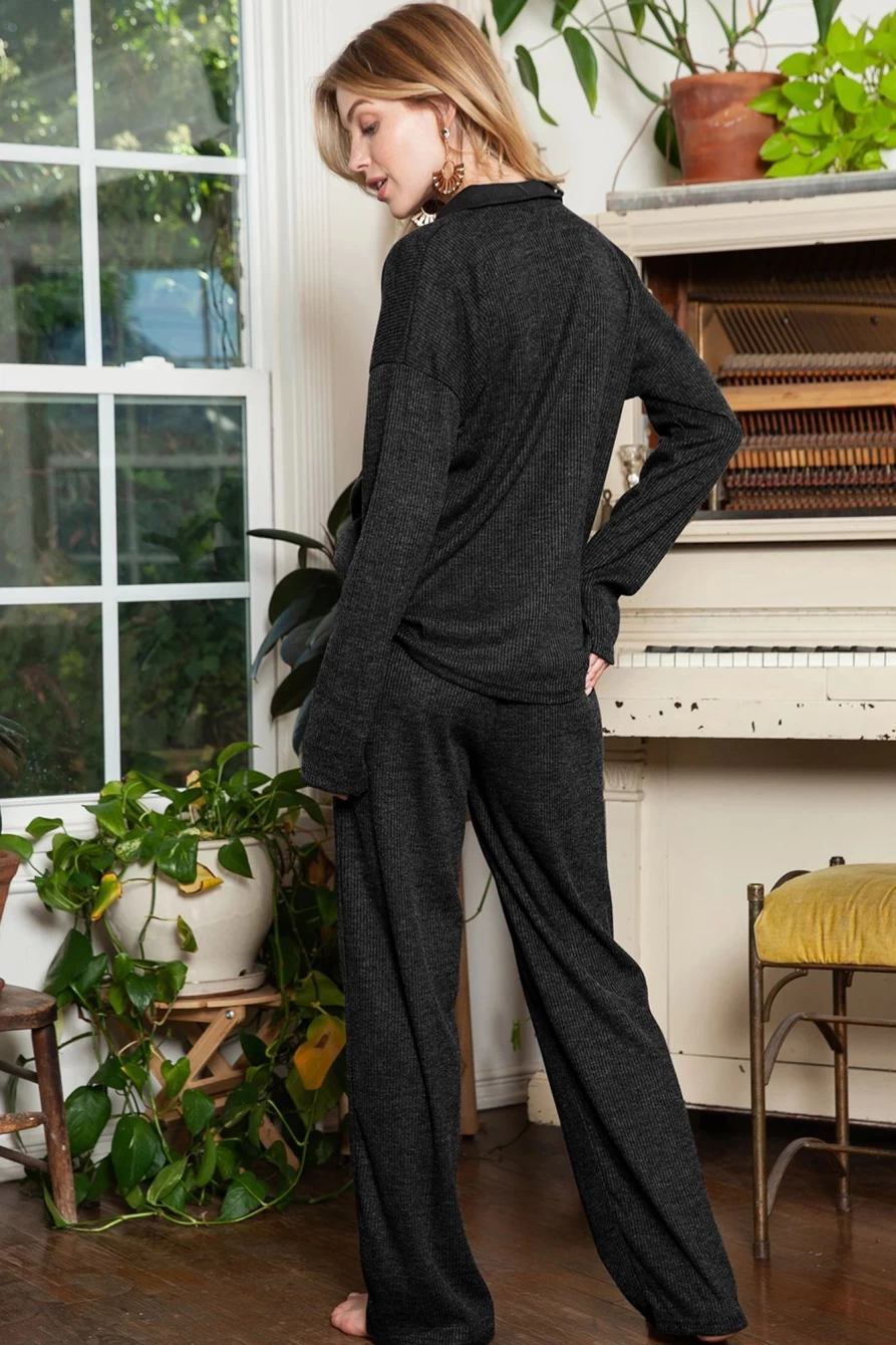 Shewin Women's Black Ribbed Henley Shirt & Wide Leg Pants Lounge Set - Comfortable Loungewear Outfit