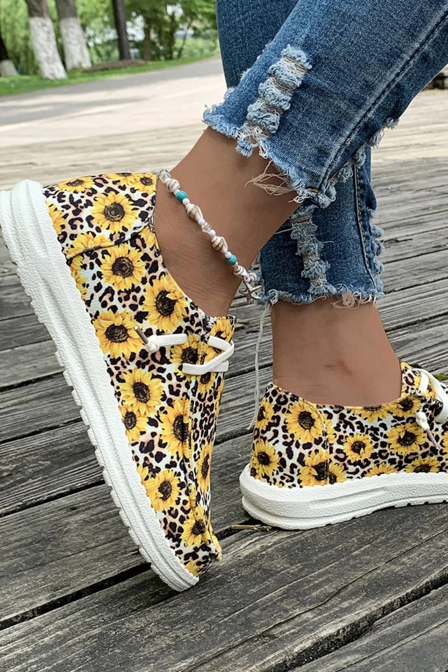 Shewin Women's Yellow Sunflower Leopard Print Canvas Shoes - Lace-Up Fashion Sneakers