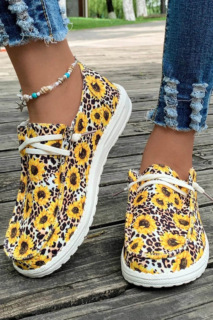 Shewin Women's Yellow Sunflower Leopard Print Canvas Shoes - Lace-Up Fashion Sneakers