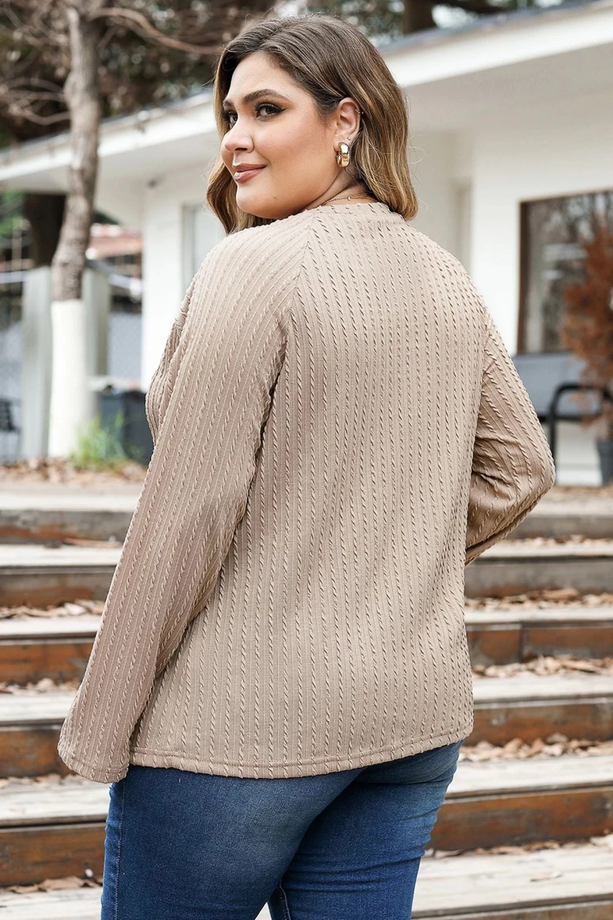 Shewin Women's Plus Size Camel Textured Crew Neck Raglan Sleeve Top