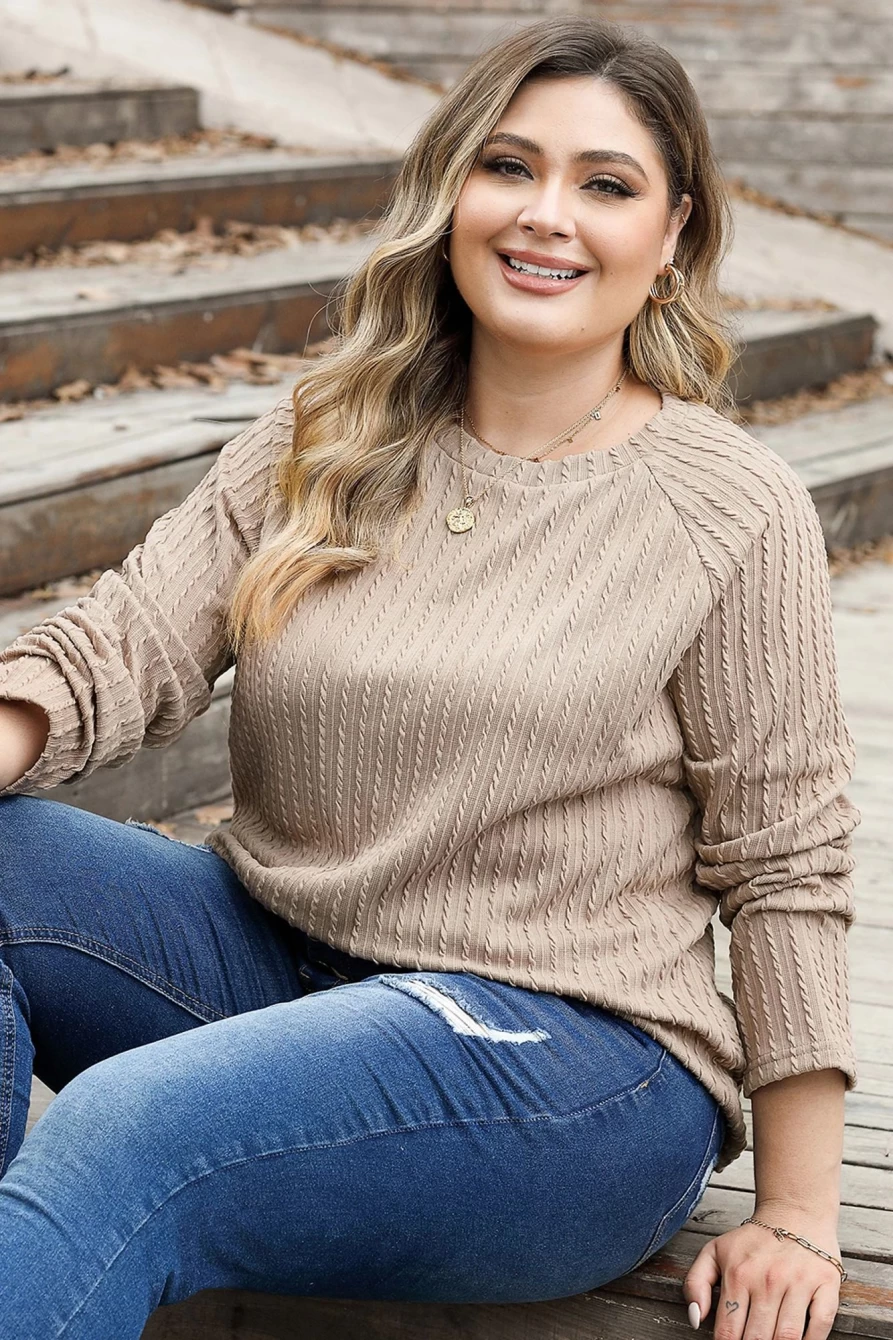 Shewin Women's Plus Size Camel Textured Crew Neck Raglan Sleeve Top