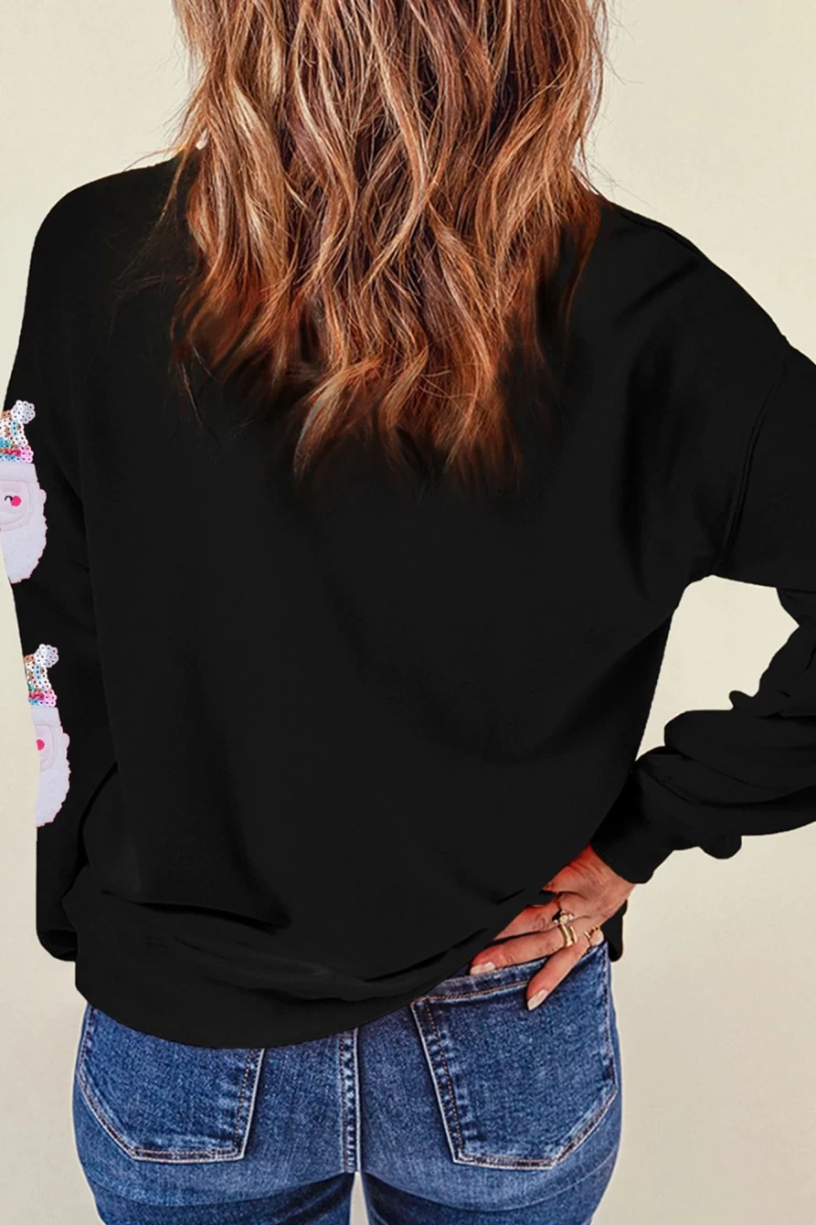 Shewin Women's Black Christmas Santa Claus Graphic Print Sweatshirt
