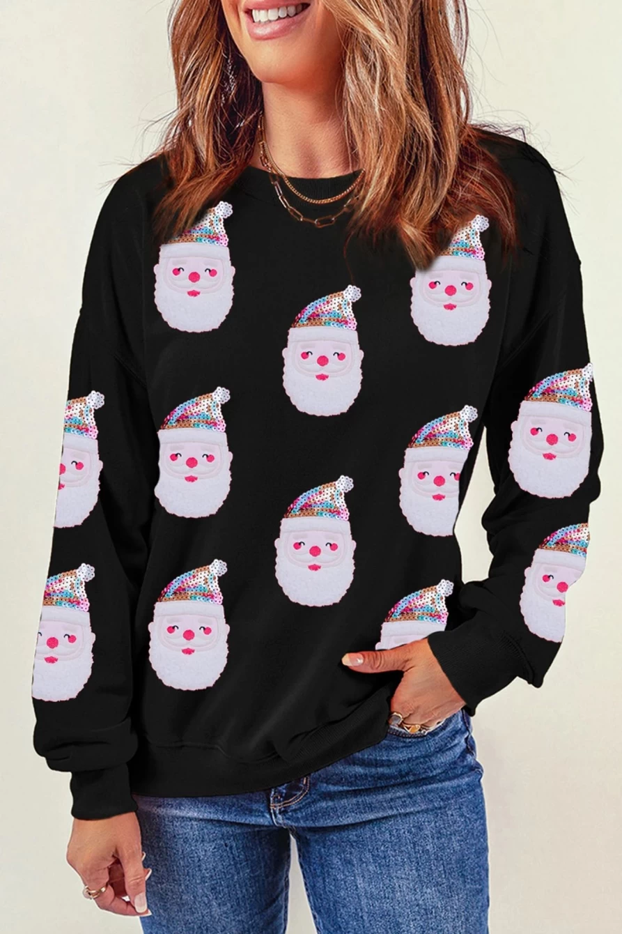 Shewin Women's Black Christmas Santa Claus Graphic Print Sweatshirt