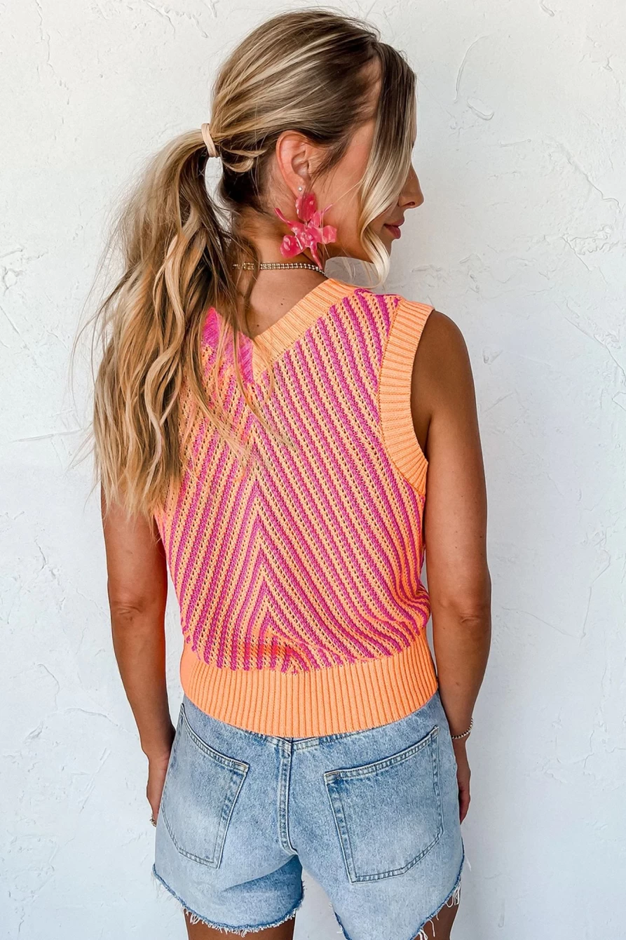 Shewin Women's Strawberry Pink Contrast Chevron V-Neck Knitted Vest